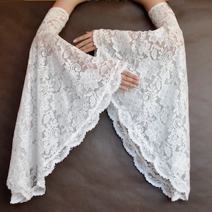 Elegant Romantic bridal white Glamour long GLOVES with mistic flounce,  frill, lace fingerless mittens, wedding