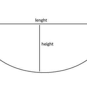 May include: A diagram showing the length and height of a half circle.