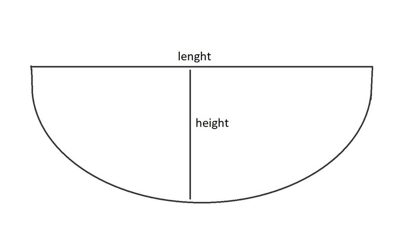 May include: A diagram showing the length and height of a half circle.
