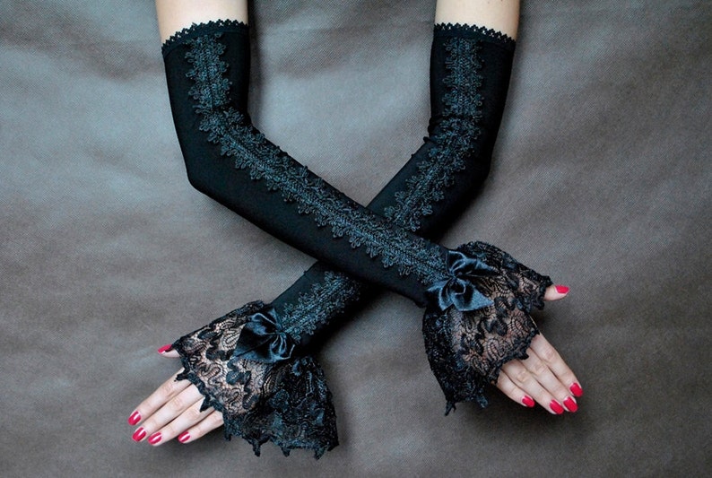 Elegant Evening Gloves GOTHIC VAMPIRE Victorian Burlesque Evening Glamour long, armwarmers,fingerless mittens,prom, black friday, Halloween image 3