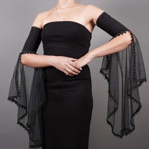 Elegant GOTHIC VAMPIRE costume Victorian Evening glones Glamour long GLOVES with mistic floune,  frill, black tulle, fingerless mittens