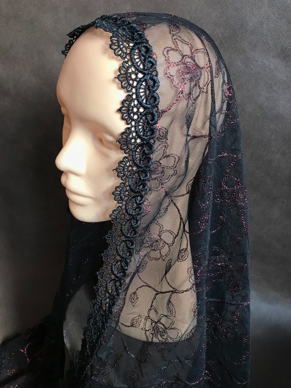 Elegant Black Lace D-shape Chapel Veil, Mantilla, Emboidered  display picture 2