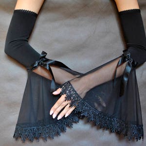 Elegant gloves GOTHIC VAMPIRE costume Victorian Evening Glamour GLOVES with mistic flounce, frill, tulle, fingerless mittens, halloween image 1