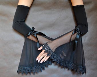 Elegant gloves GOTHIC VAMPIRE costume Victorian Evening Glamour GLOVES with mistic flounce,  frill, tulle, fingerless mittens, halloween