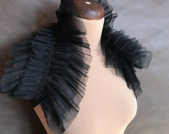 Elegante zwarte tule bolero, kraag, glamour, mooie versiering, prom, gotische stijl, Halloween