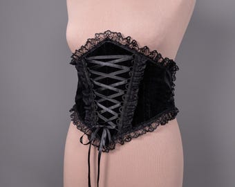 Black Velvet Corset Belt finished with lace: Elegant Waist Binding, shaping, Gothic Accessory