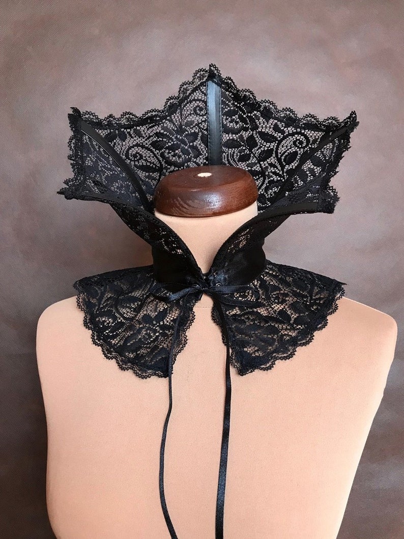 May include: A black lace collar with a satin ribbon tie. The collar is designed to be worn around the neck and has a pointed, upright design.