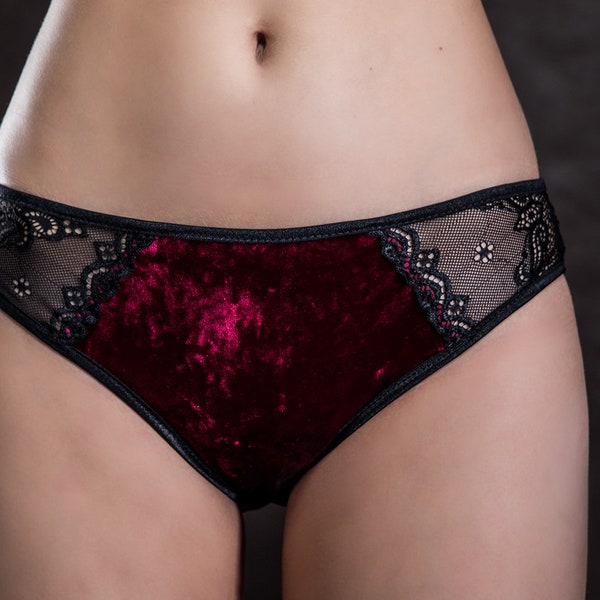 Sexy, romantic burgundy velvet and Lace Panty, panties, Soft  Lingerie, Hand made, All sizes available, elegant underwear, pants