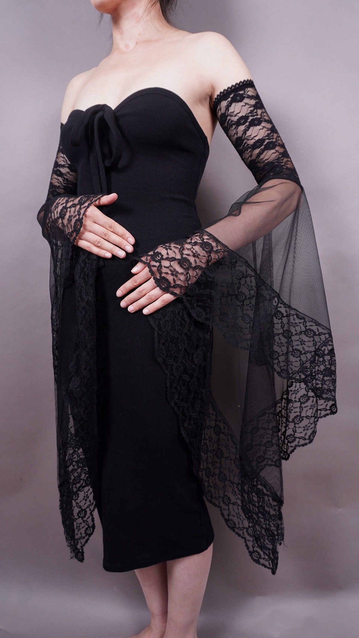 Woeoe Lange Schwarze Spitzenhandschuhe – Gothic Armstulpen Mit Strass Für Halloween & Cosplay