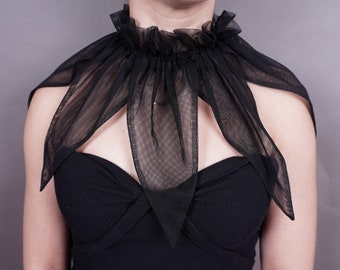 Peut inclure: Un collier ras de cou en dentelle noire transparente avec un col plissé. Le collier est porté sur un haut noir.