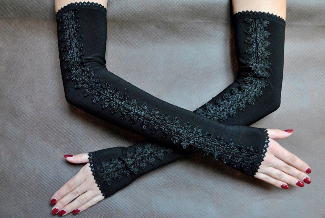 Elegant Evening Gloves GOTHIC VAMPIRE Victorian Burlesque Evening Glamour long, armwarmers,fingerless mittens,prom, black friday, Halloween - Thumbnail 4