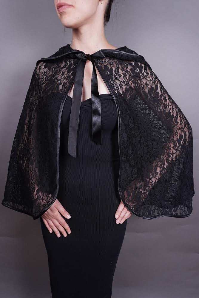 Elegant Lolita black LACE CAPE with hood Gothic Victorian Burlesque, delicate satin, vampire costume, prom, festivals