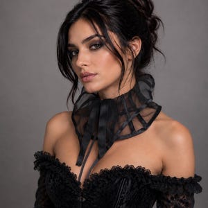 Könnte beinhalten: Eine schwarze Halskrause aus transparentem Organza mit strukturiertem Kragendesign und Bandverschlüssen, getragen über einem schulterfreien schwarzen Spitzenkorsett mit gewelltem Saum und sichtbaren Hakenverschlüssen auf der Vorderseite.