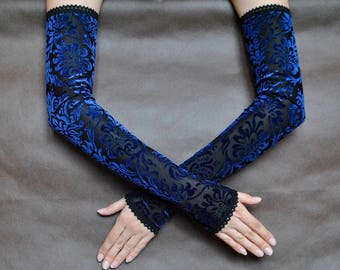 Elegant Evening Glamour extra long GLOVES black tulle with velvet pattern, goth fingerless mittens, festivals, Halloween