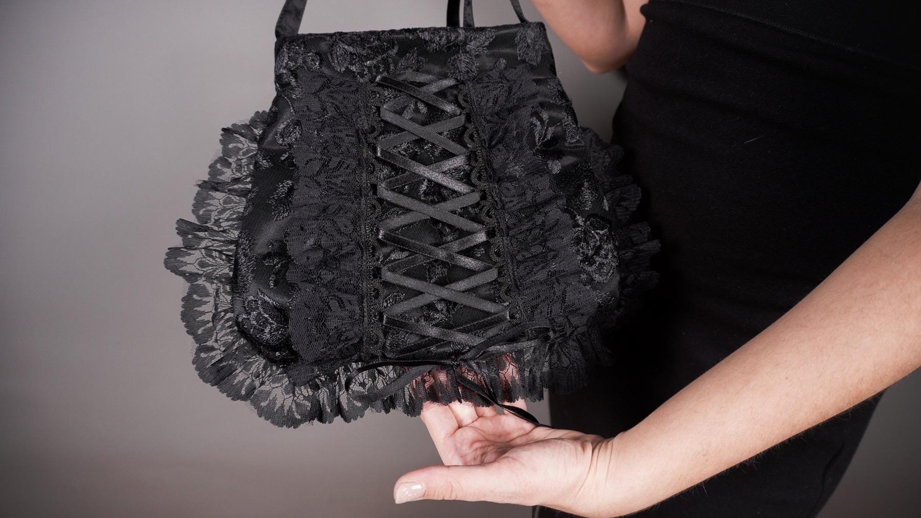 Elegant black bag purse, lace and satin, Victorian, Edwardian, gothic lolita style, Halloween, vampire - Thumbnail 2