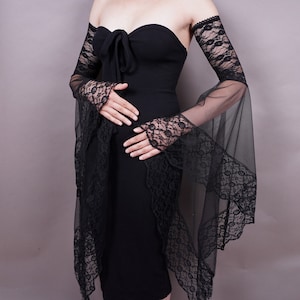 Victorian lace sleeves Glamorous GOTHIC VAMPIRE lace costume Evening Glamour long GLOVES with mistic flounce, black tulle and lace