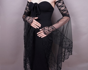 Victorian lace sleeves Glamorous GOTHIC VAMPIRE lace costume Evening Glamour long GLOVES with mistic flounce, black tulle and lace