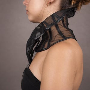 Pu&ograve; includere: Un accessorio per il collo in rete nera trasparente con stecche strutturate e bordi scuri. Il pezzo avvolge il collo e la parte superiore del torace, creando una silhouette a collo alto con cuciture verticali visibili e tessuto semitrasparente.