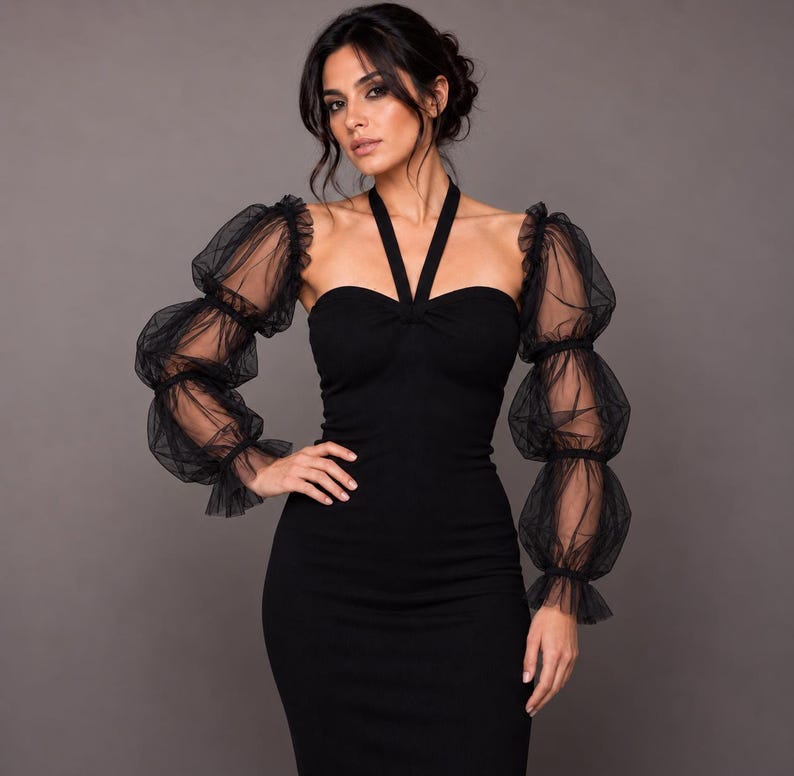 May include: A black dress featuring a fitted bodice with a halter neckline and long, sheer, puffed sleeves made of tulle. The sleeves are segmented with gathered detailing, creating a voluminous silhouette that contrasts with the slim-fitting dress.