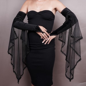May include: A black velvet and sheer lace elbow-length gloves with a scalloped edge.