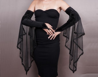 Gothic Velvet Extra Long Gloves with Tulle Flounce: Burlesque Glamour