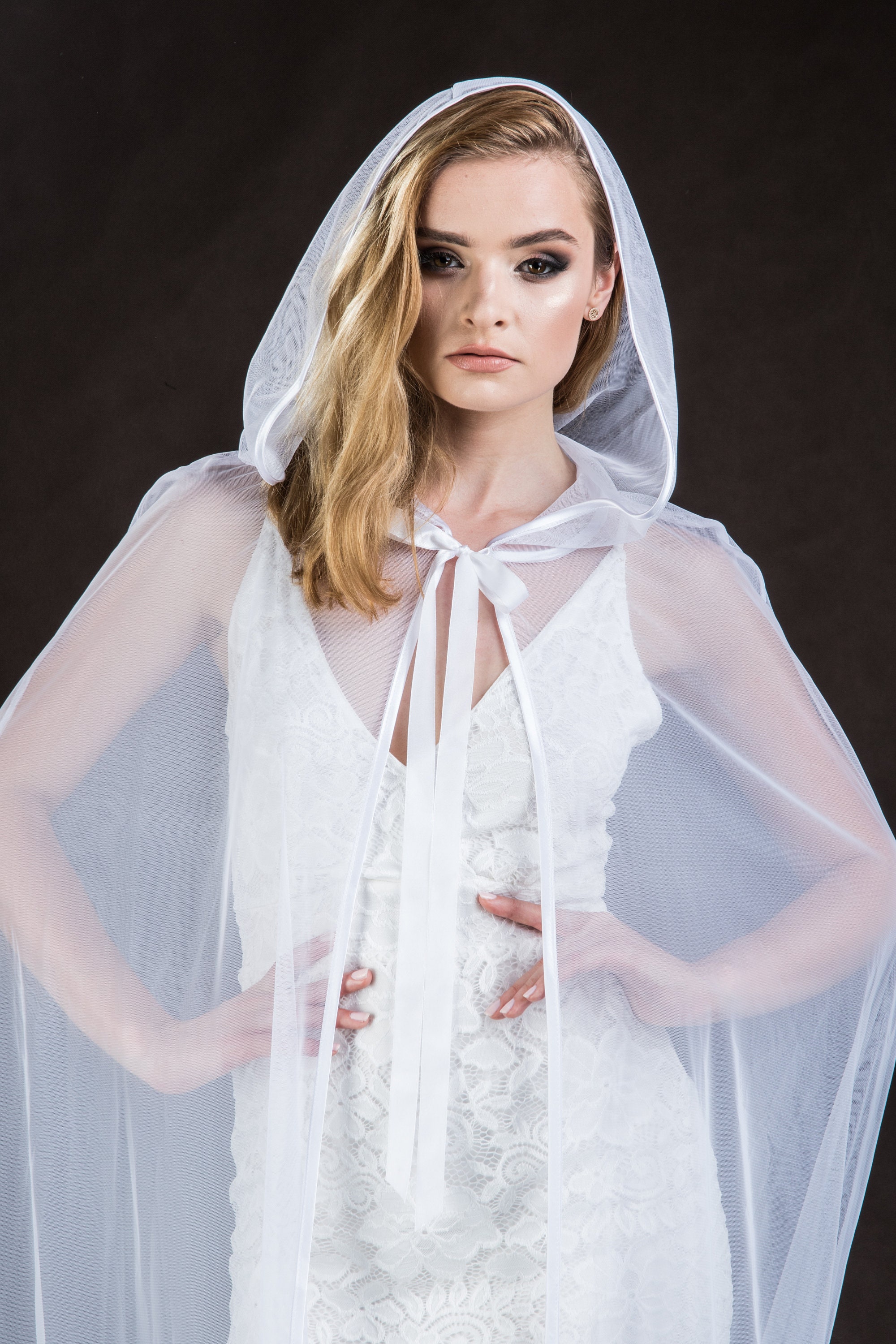 Extra long romantic Elegant white or ivory tulle bridal CAPE with big hood, prom, wedding, goes to ground - Thumbnail 2