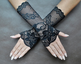Elegant gloves VAMPIRE Glamour GLOVES black short lace gloves, gothic, halloween, prom, New Year's Eve