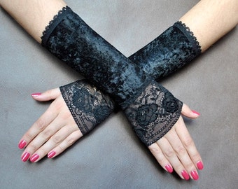 Elegante GOTHIC Lolita Burlesque Glamour lange HANDSCHUHE aus schwarzem Samt und Lava, Gothic fingerlose Handschuhe