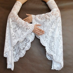 Elegant Romantic bridal ivory Glamour long GLOVES with mistic flounce,  frill, lace fingerless mittens, wedding
