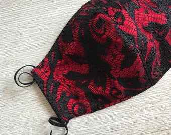 Lace Reusable and  washable cotton face mask, red cotton satin, double-sided breathable profiled mouth mask, goth, alternative, black lace