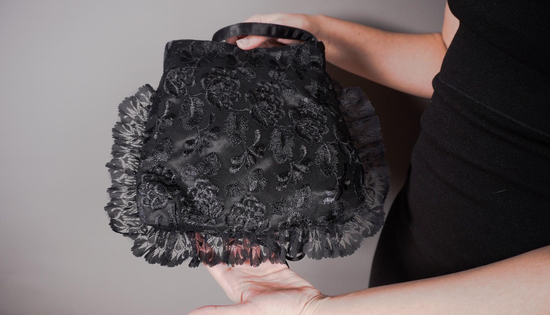 Elegant black bag purse, lace and satin, Victorian, Edwardian, gothic lolita style, Halloween, vampire - Thumbnail 4