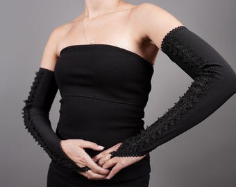 Guantes góticos de encaje negro, elegantes guantes de noche, guantes victorianos, accesorios góticos para bodas, guantes de vampiro, moda oscura