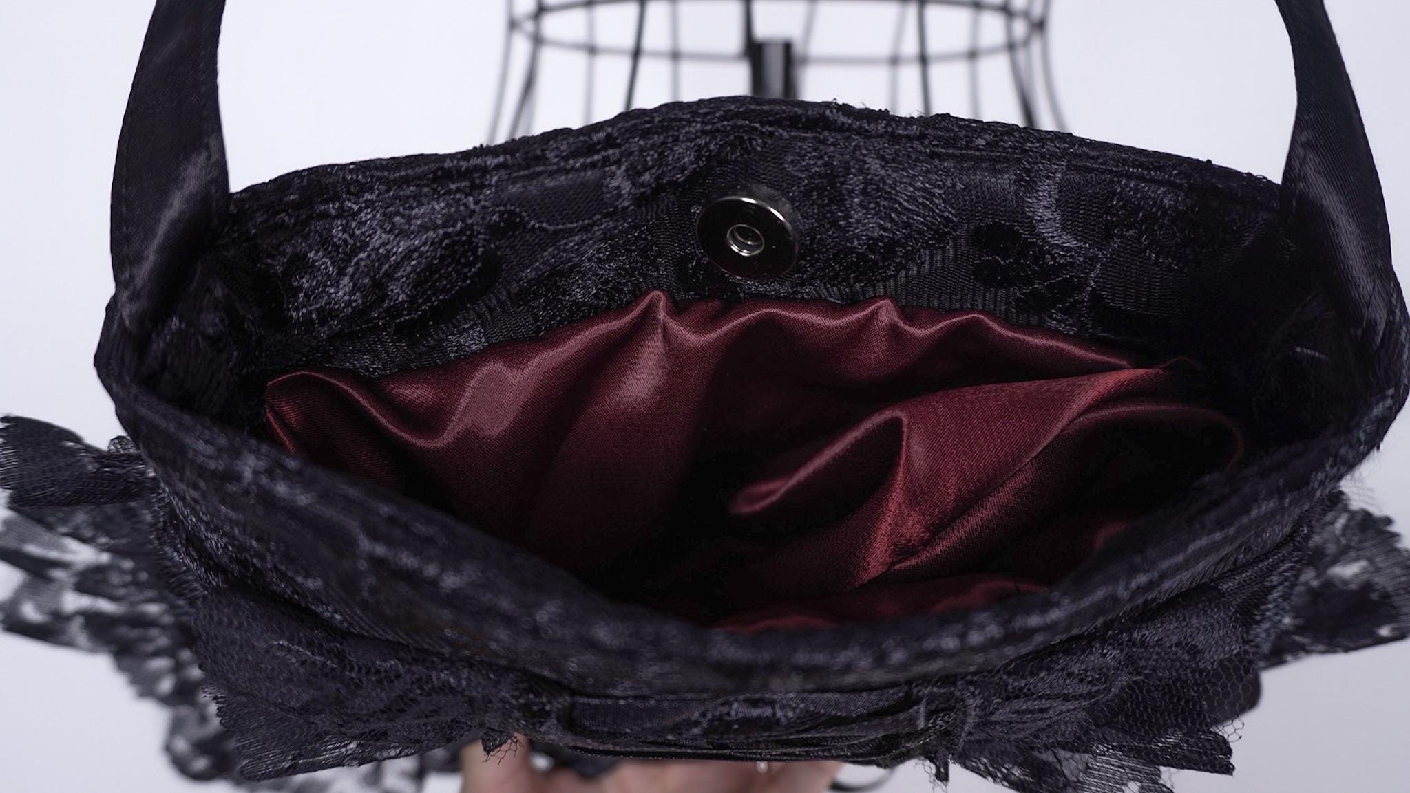 Elegant black bag purse, lace and satin, Victorian, Edwardian, gothic lolita style, Halloween, vampire - Thumbnail 6