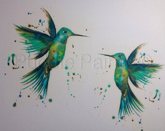 Pair of hummingbirds mixed media painting, hummingbird print, humming bird decor, teal, green, turquoise, birds, exotic birds, Puddle Paints