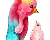 Unique baby gift, mother and child, candy, nursery art, original bird art