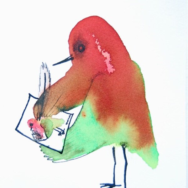 Ink artwork | Original drawing | Colourful illustration | OOAK | Bird draws bird