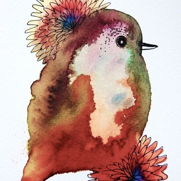 Bird watercolor, bird with flowers, original ink artwork, rainbow colors, gift for her