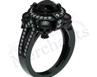 Gothic Engagement Ring 2.95 Ct Round Cut Black Diamond Designer Skull Wedding Ring 925 Sterling Silver 14K Black Gold Plated Halloween Ring