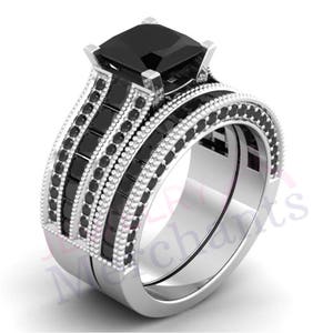 Black Moissanite Engagement Ring Set: Princess Cut Solid 925 Sterling Silver