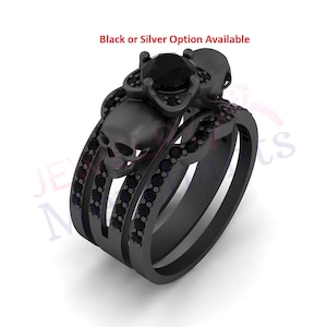 Skull Gothic Wedding Ring Set 2.60Ct Round Black Diamond Skull Wedding Ring Set 925 Sterling Silver Horror Two Skull Face Halloween Ring Set
