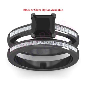 Bridal Wedding Ring Set 2.40 Ct Princess Black Diamond Engagement Ring with Wedding Band Set 925 Sterling Silver Engagement Bridal Ring Set