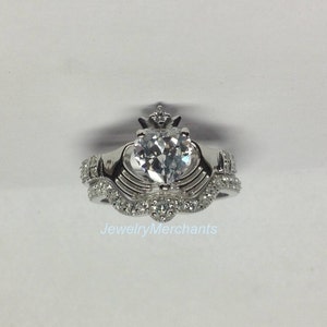 Irish Claddagh Engagement Wedding Ring Set: 2.65 Ct Heart Lab Sapphire, 925 Sterling Silver