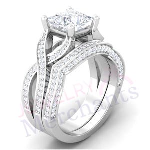 Princess Cut White Sapphire Engagement Ring Set: 925 Sterling Silver, 14K White Gold Plated
