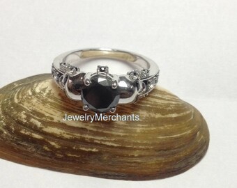 Skull Engagement Ring 2.30 Ct Lab Made Black Moissanite Round Gothic Wedding Ring Solid 925 Sterling Silver 14K White Gold Over Promise Ring