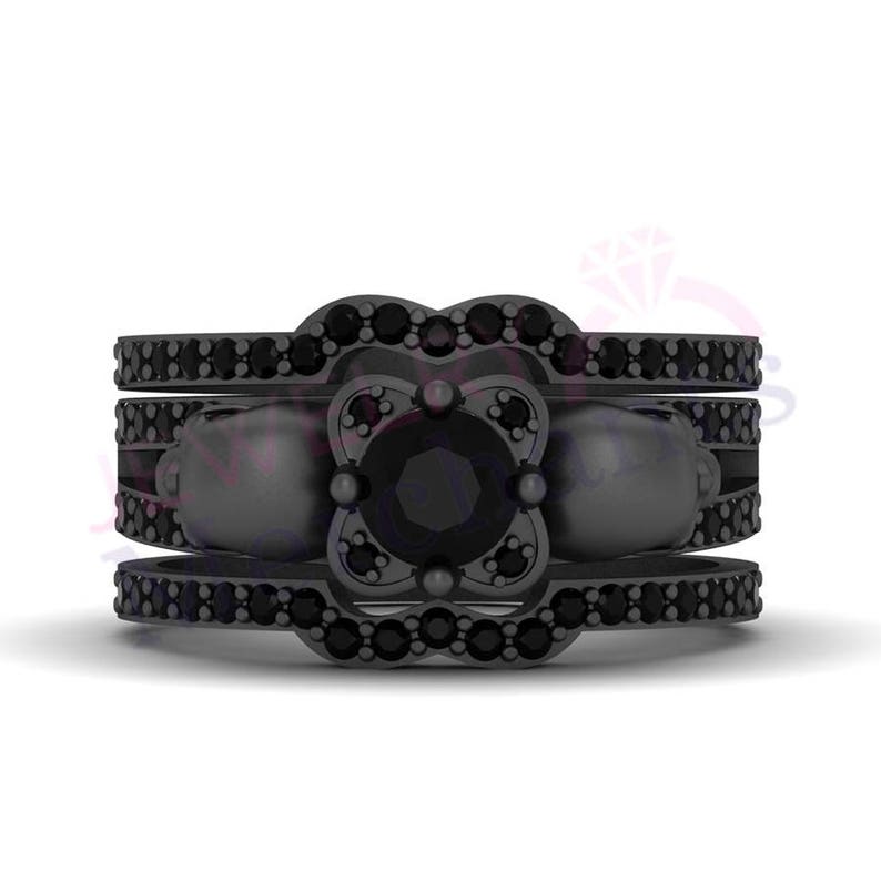 Gothic Wedding Ring Set 2.55 Ct Black Round Moissanite 925 Etsy