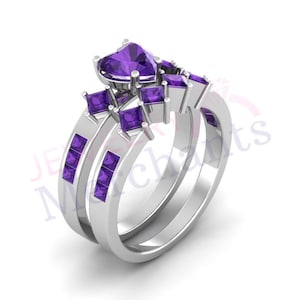 Purple Sapphire Heart Wedding Ring Set: Solid 925 Sterling Silver Engagement Ring