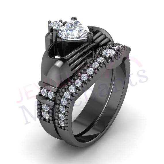 Pink Sapphire Engagement Ring Set 3.10 Ct Lab Made Antique Wedding Ring Set Solid 925 Sterling Silver 14K Black Gold Plated Bridal Ring Set