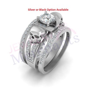 Skull Gothic Engagement Ring Set 2.60 Ct Round White Diamond Skull Engagement Ring Set 925 Sterling Silver Two Skull Face Halloween Ring Set