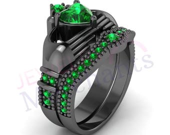 Irish Claddagh Wedding Ring Set 3.10 Ct Green Lab Emerald Heart Cut 925 Sterling Silver 14K Black Gold Finish Engagement Ring with Band Set