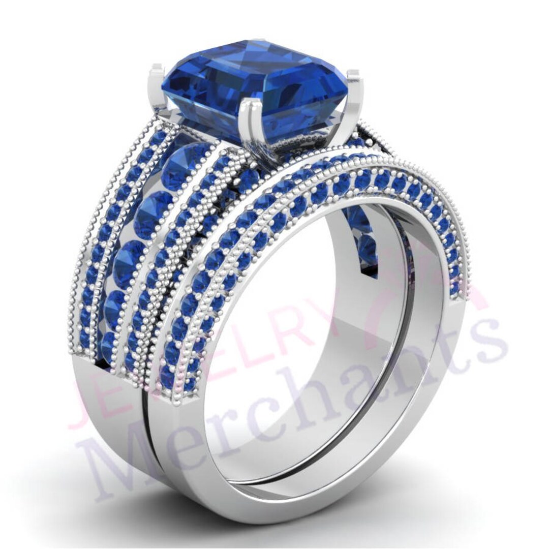 Buy Promise Ring Set 3.15 Ct Lab Made Blue Sapphire Emerald Cut Online